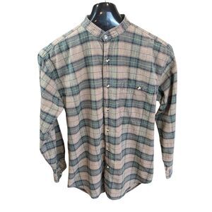 Bogari Men’s L Casual Band Collar Long Sleeve Green Tan Plaid Cotton Shirt Italy